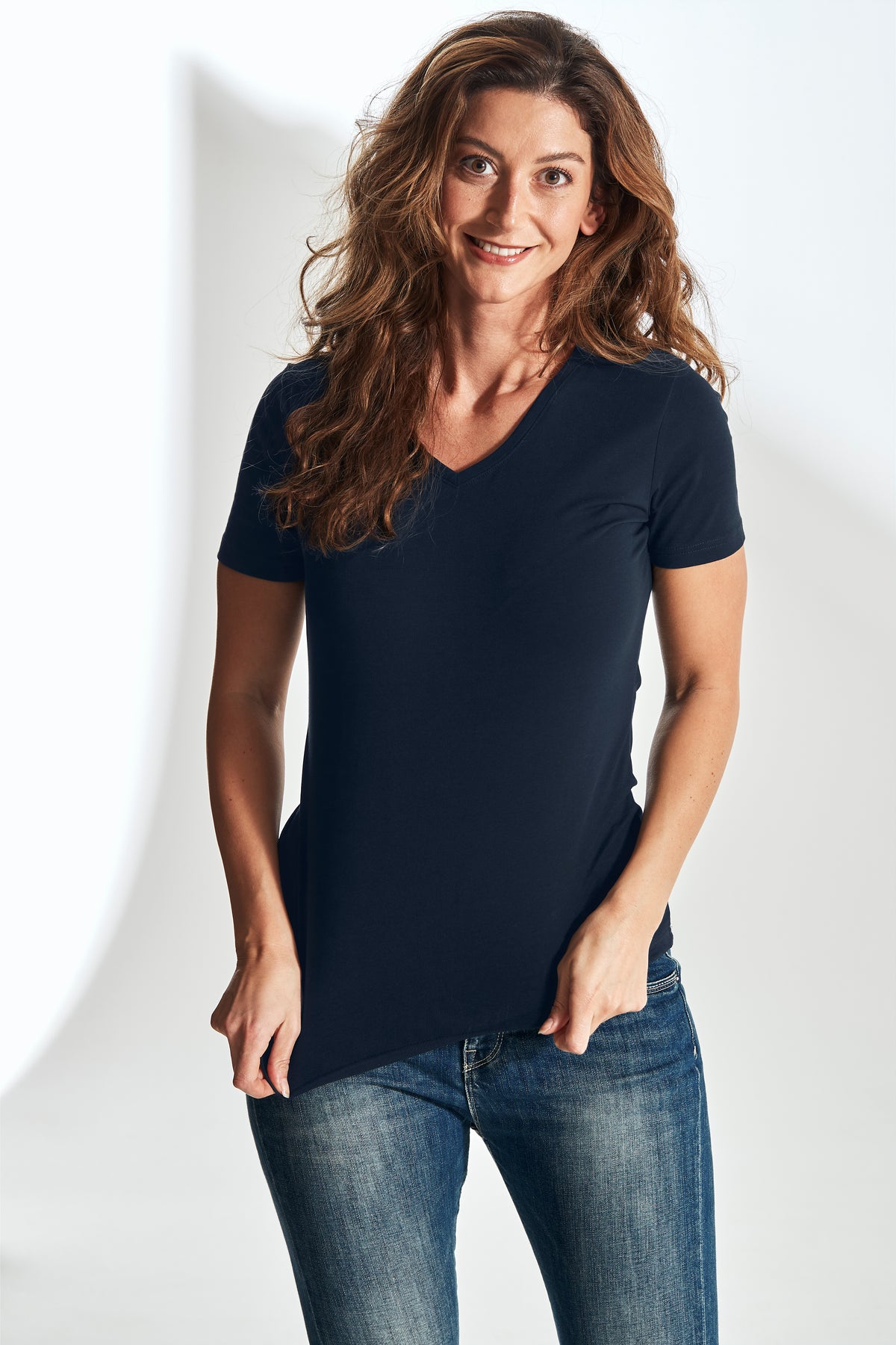 Cottover Stretch V-Neck Lady Marine, Produktansicht