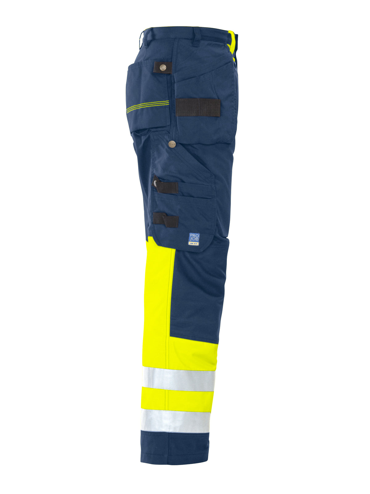 ProJob 6502 Arbeitshose mit Knieverstärkung und Hängetaschen EN ISO 20471 Klasse 1 Gelb/Marine, Seitenansicht rechts