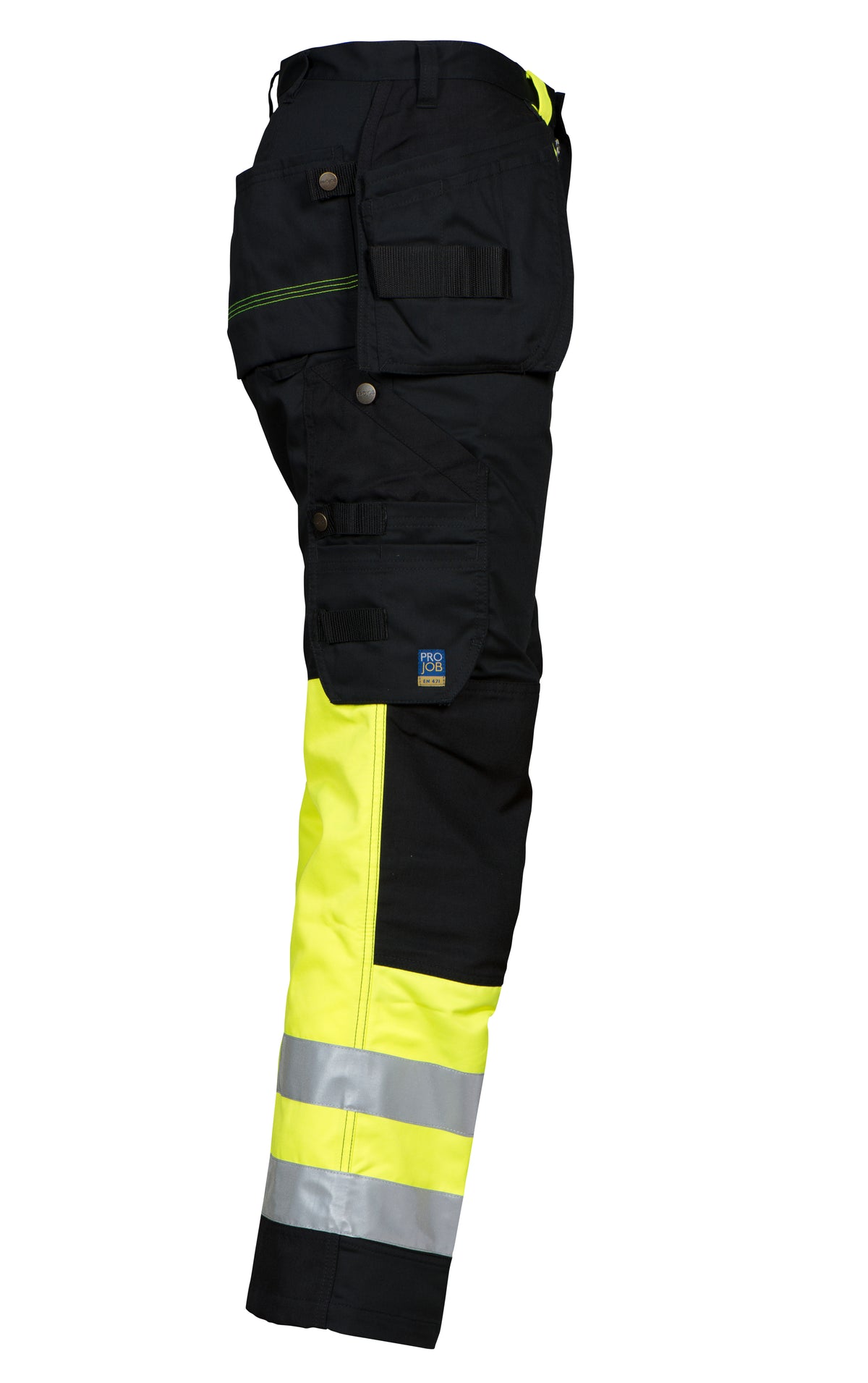 ProJob 6502 Arbeitshose mit Knieverstärkung und Hängetaschen EN ISO 20471 Klasse 1 Gelb/Schwarz, Seitenansicht rechts