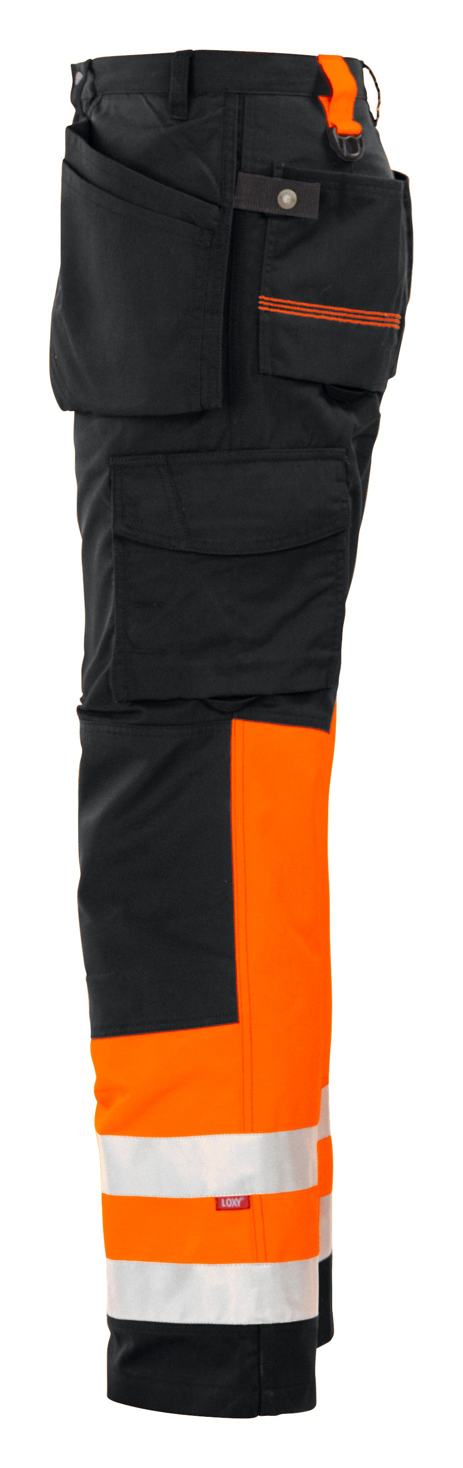 ProJob 6502 Arbeitshose mit Knieverstärkung und Hängetaschen EN ISO 20471 Klasse 1 Orange/Schwarz, Seitenansicht links