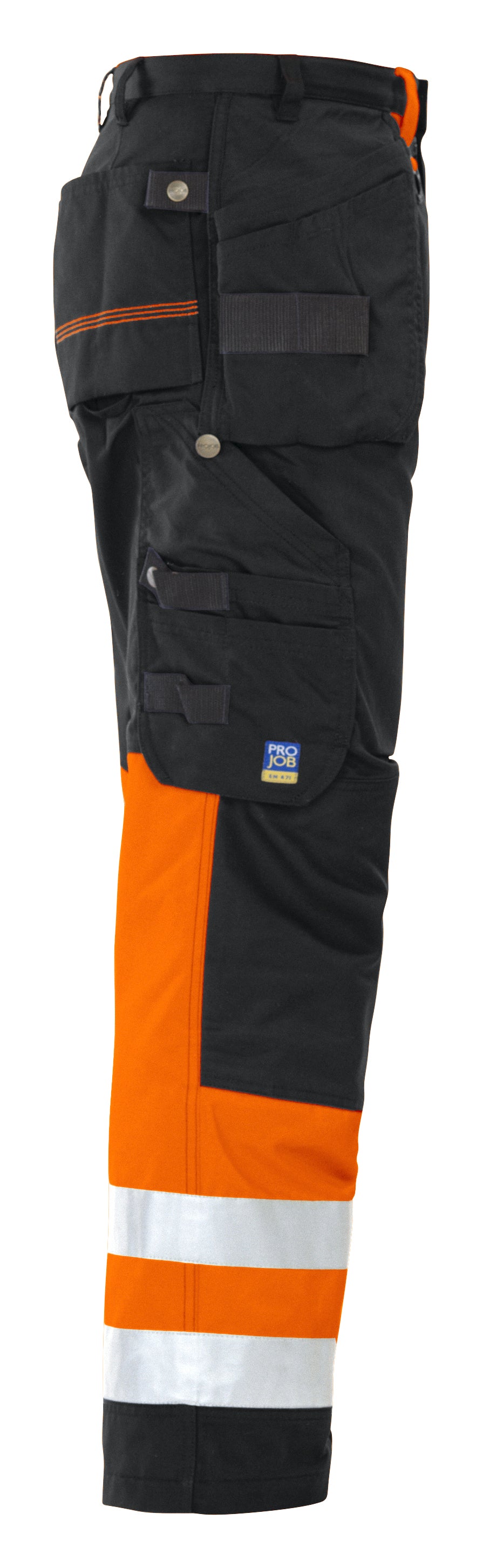 ProJob 6502 Arbeitshose mit Knieverstärkung und Hängetaschen EN ISO 20471 Klasse 1 Orange/Schwarz, Seitenansicht rechts