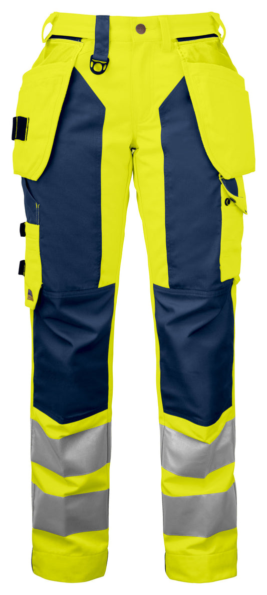 ProJob 6519 Damen Arbeitshose mit Knieverstärkung und Hängetaschen EN ISO 20471 Klasse 2 Gelb/Marine, Vorderansicht