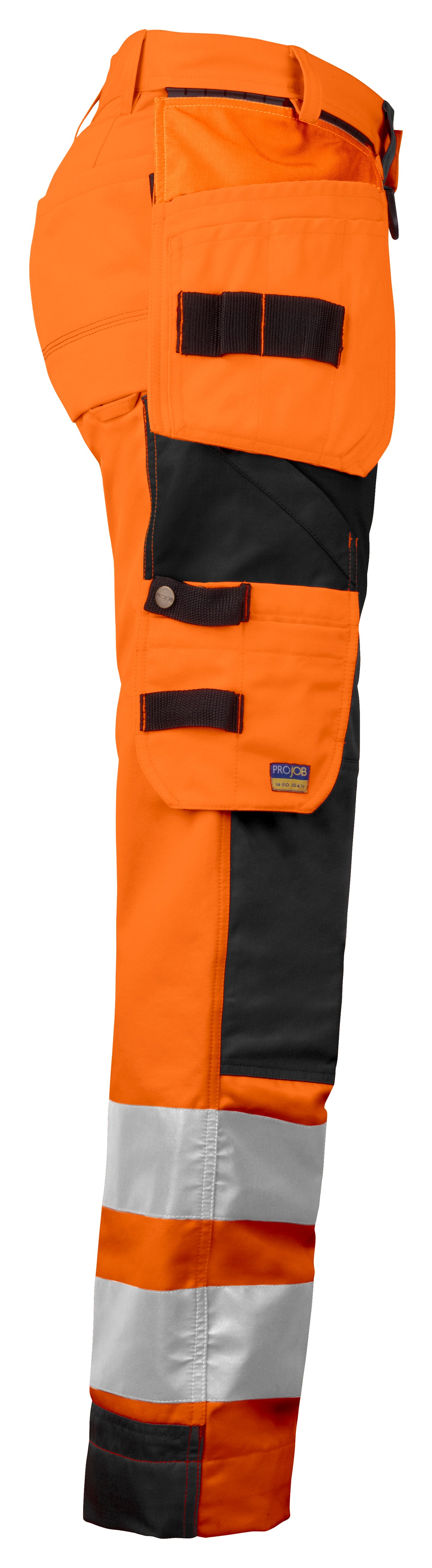 ProJob 6519 Damen Arbeitshose mit Knieverstärkung und Hängetaschen EN ISO 20471 Klasse 2 Orange/Schwarz, Seitenansicht rechts