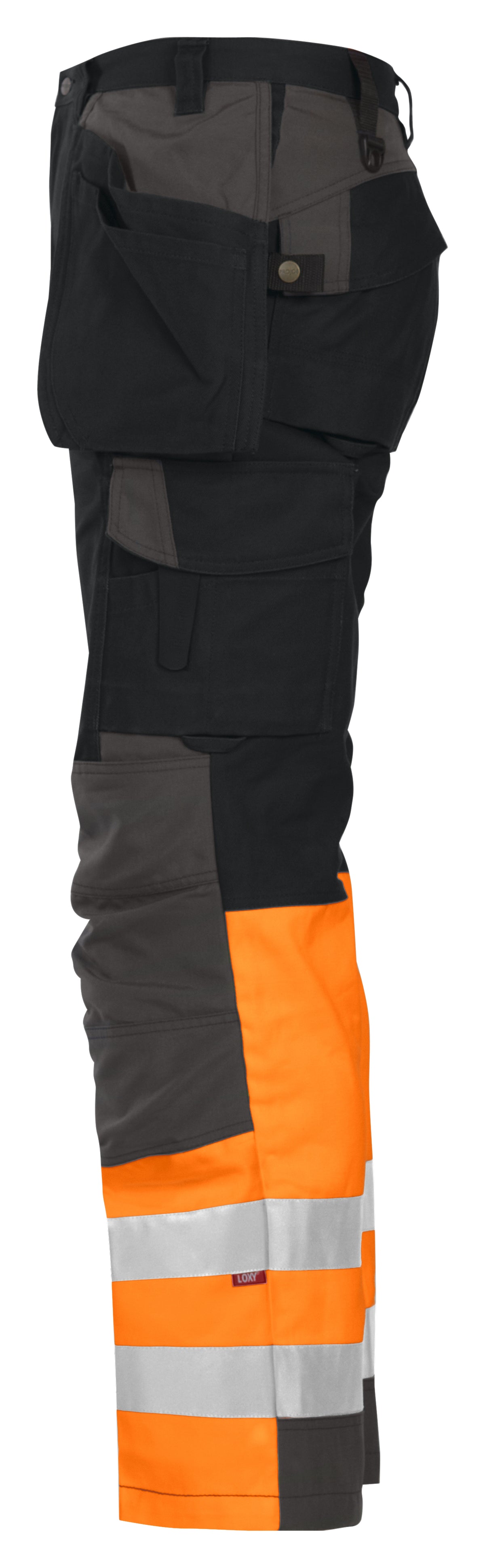 ProJob 6522 Arbeitshose mit Hängetaschen und Knieverstärkung EN ISO 20471 Klasse 1 Orange/Schwarz, Seitenansicht links