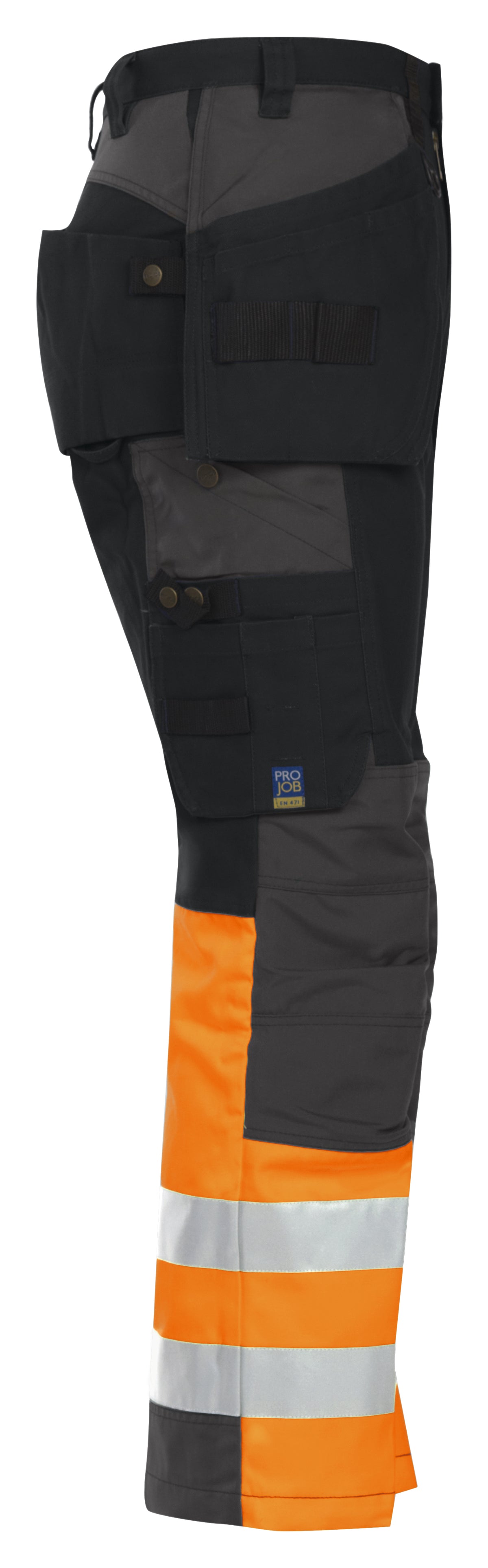 ProJob 6522 Arbeitshose mit Hängetaschen und Knieverstärkung EN ISO 20471 Klasse 1 Orange/Schwarz, Seitenansicht rechts