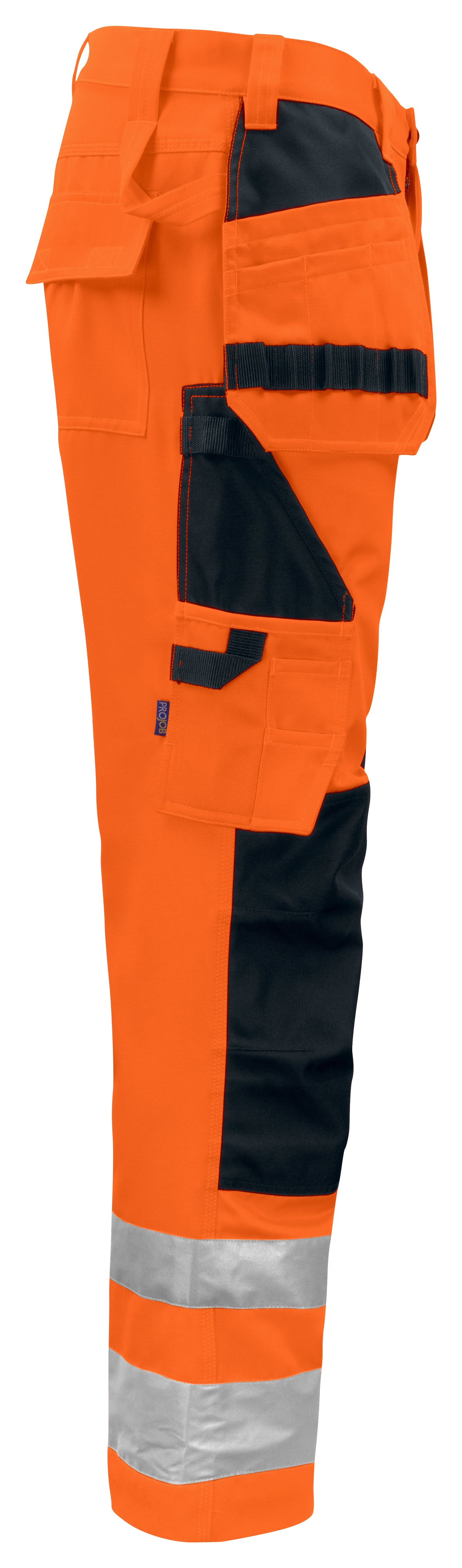 ProJob 6531 Warnschutz Arbeitshose mit Knieverstärkung und Hängetaschen EN ISO 20471 Klasse 2 Moderner Schnitt Orange/Schwarz, Seitenansicht links