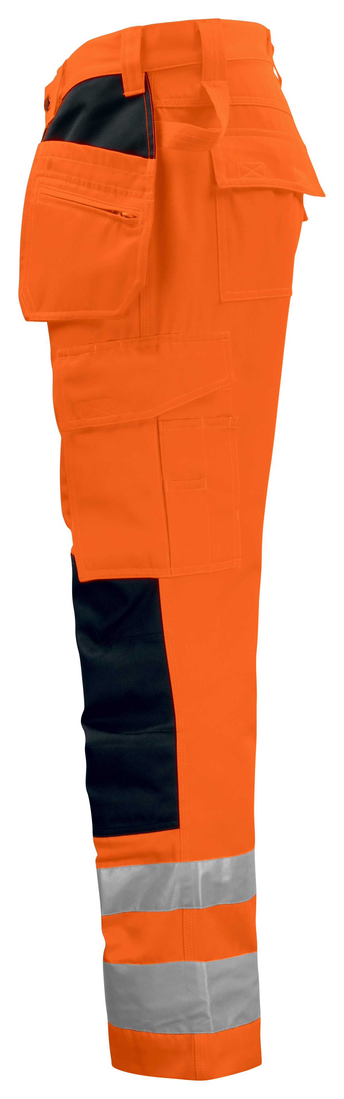 ProJob 6531 Warnschutz Arbeitshose mit Knieverstärkung und Hängetaschen EN ISO 20471 Klasse 2 Moderner Schnitt Orange/Schwarz, Seitenansicht rechts