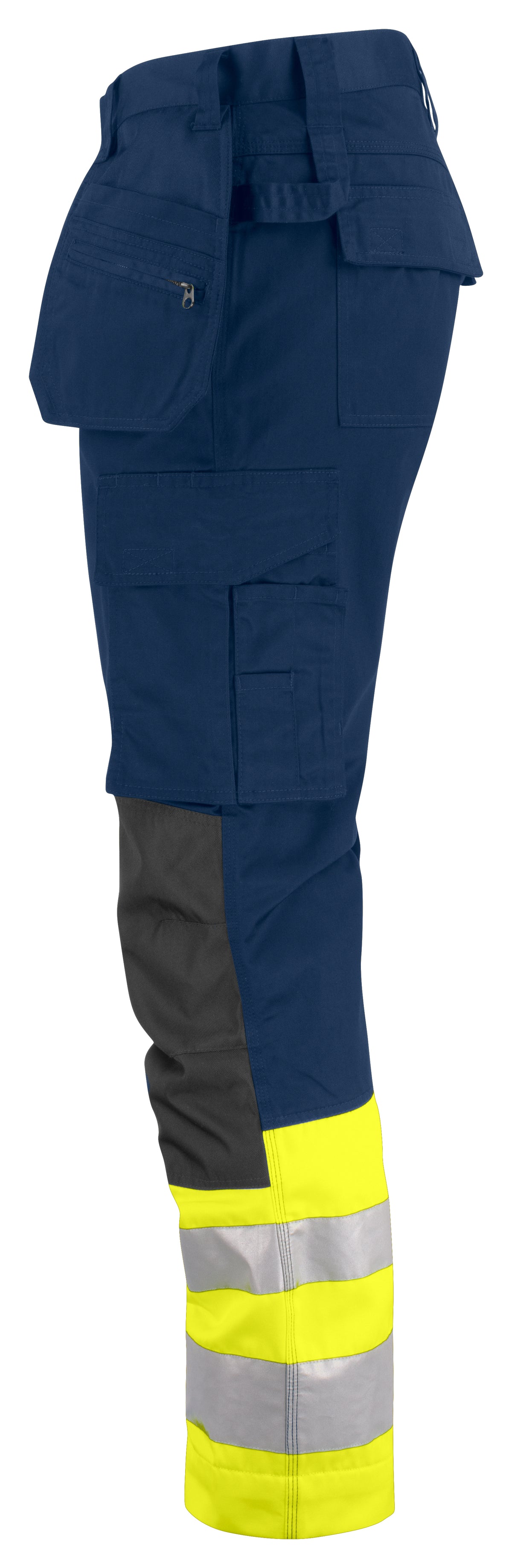 ProJob 6534 Warnschutz Arbeitshose mit Hängetaschen EN ISO 20471 Klasse 1 Modern Geschnitten Gelb/Marine, Seitenansicht rechts