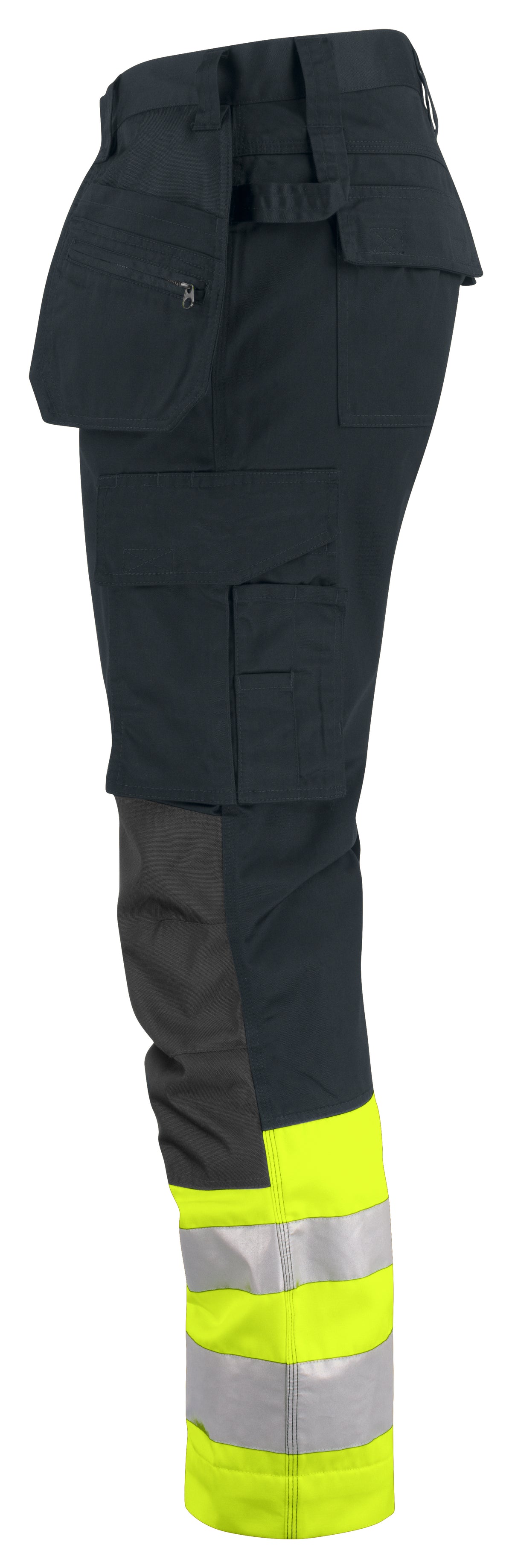 ProJob 6534 Warnschutz Arbeitshose mit Hängetaschen EN ISO 20471 Klasse 1 Modern Geschnitten Gelb/Schwarz, Seitenansicht rechts