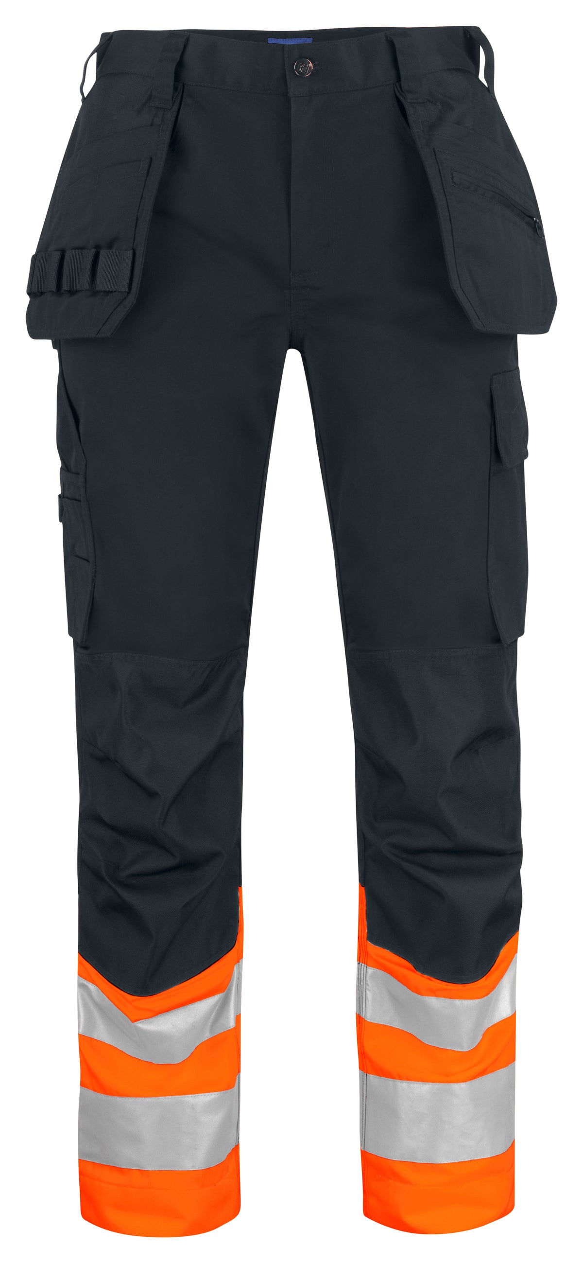 ProJob 6534 Warnschutz Arbeitshose mit Hängetaschen EN ISO 20471 Klasse 1 Modern Geschnitten Orange/Schwarz, Vorderansicht