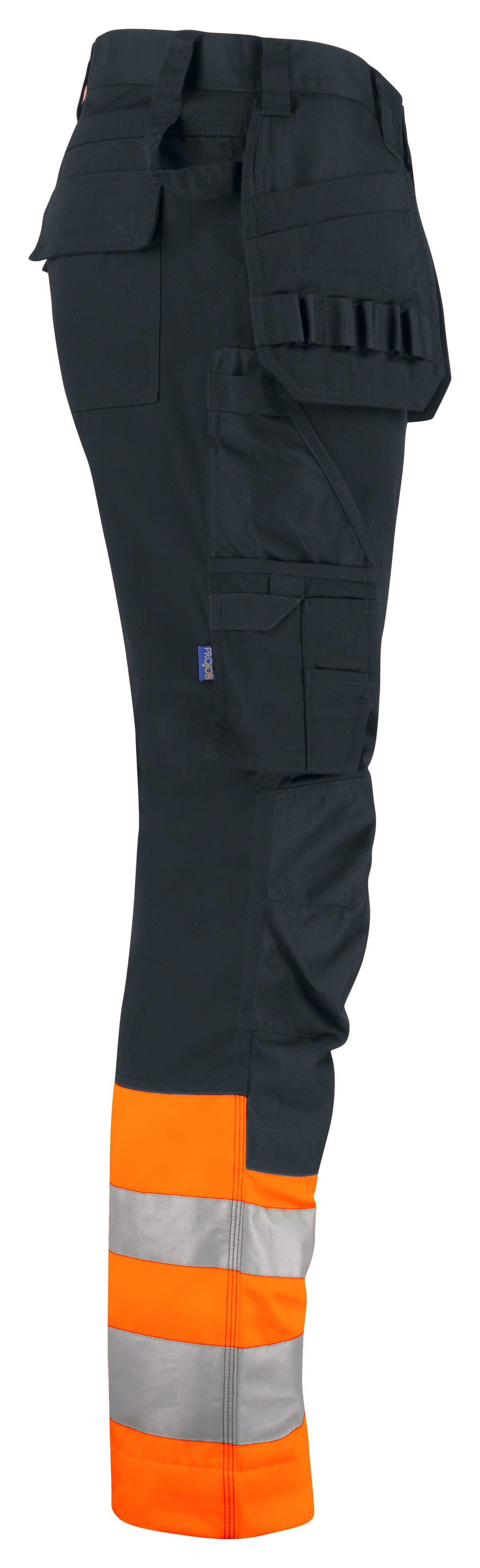 ProJob 6534 Warnschutz Arbeitshose mit Hängetaschen EN ISO 20471 Klasse 1 Modern Geschnitten Orange/Schwarz, Seitenansicht links