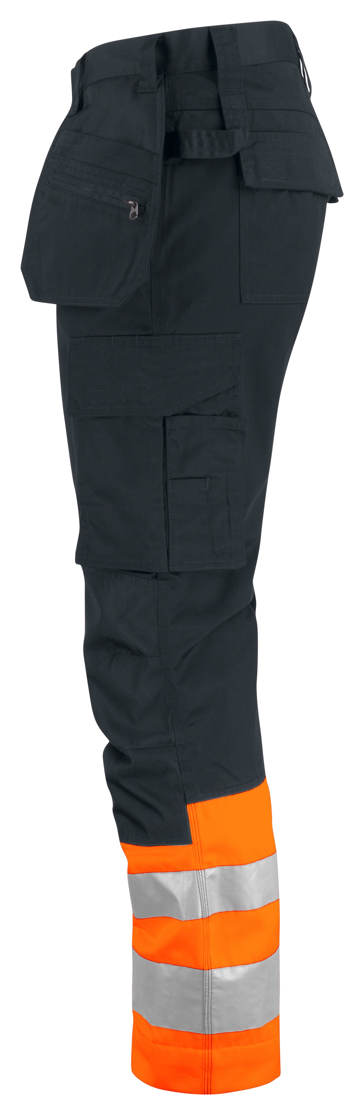 ProJob 6534 Warnschutz Arbeitshose mit Hängetaschen EN ISO 20471 Klasse 1 Modern Geschnitten Orange/Schwarz, Seitenansicht rechts
