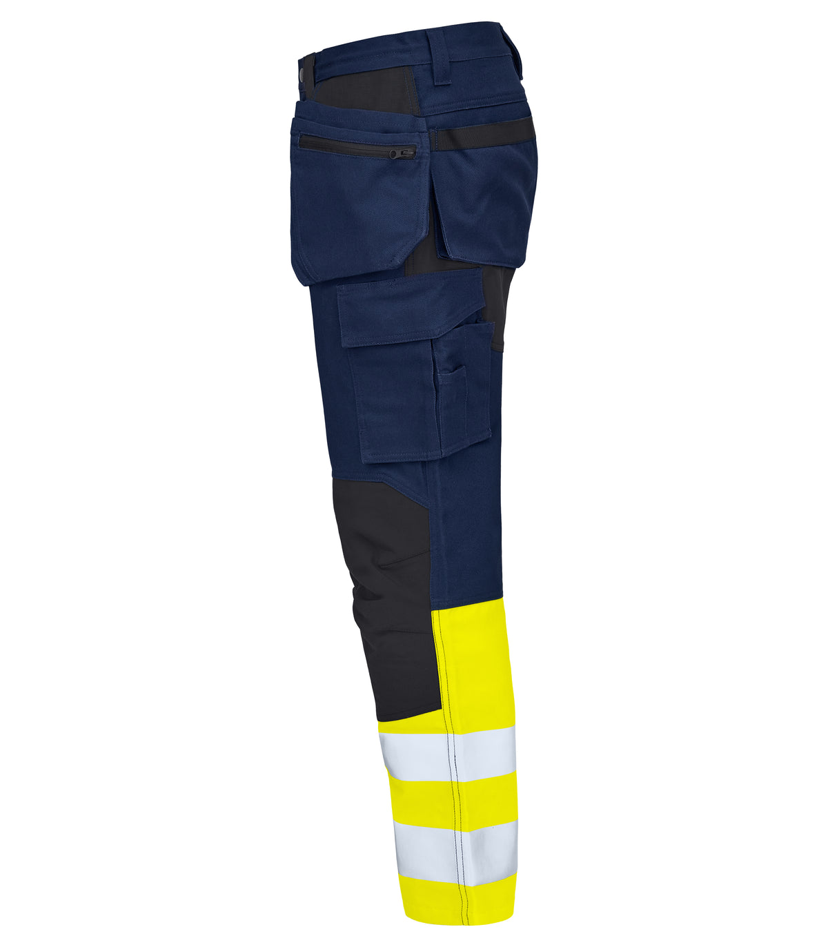 ProJob 65460 Warnschutz Arbeitshose mit Hängetaschen EN ISO 20471 Klasse 1 Yellow/navy, Seitenansicht links