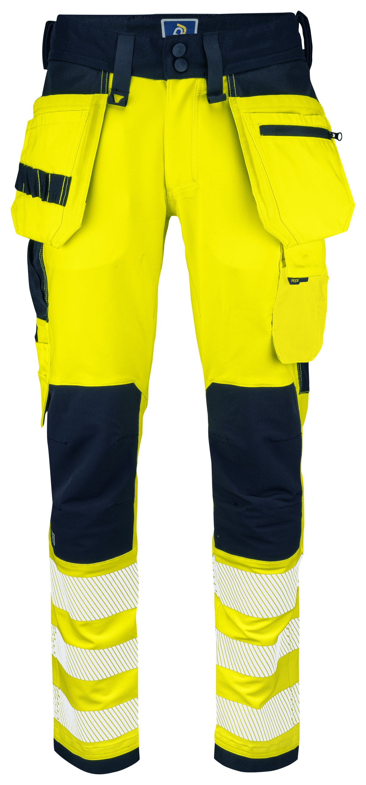 ProJob 6573 Bundhose Vollstretch mit Hängetaschen EN ISO 20471 Klasse 2 Gelb/Marine, Vorderansicht