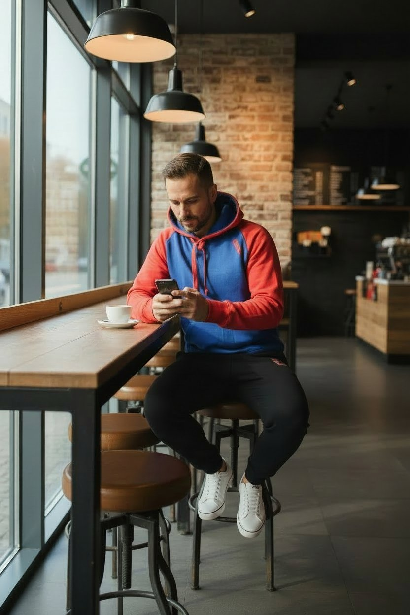 44er Hoody Rot/Blau, am Modell getragen