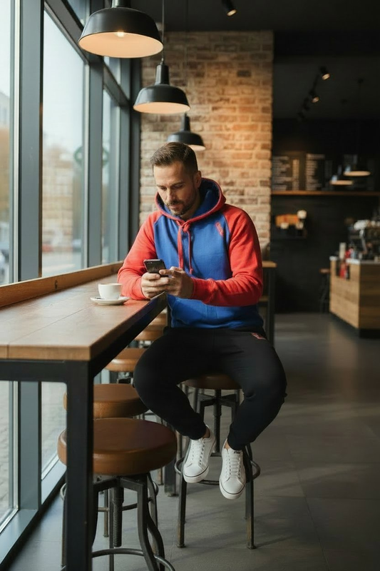 44er Hoody Rot/Blau, am Modell getragen